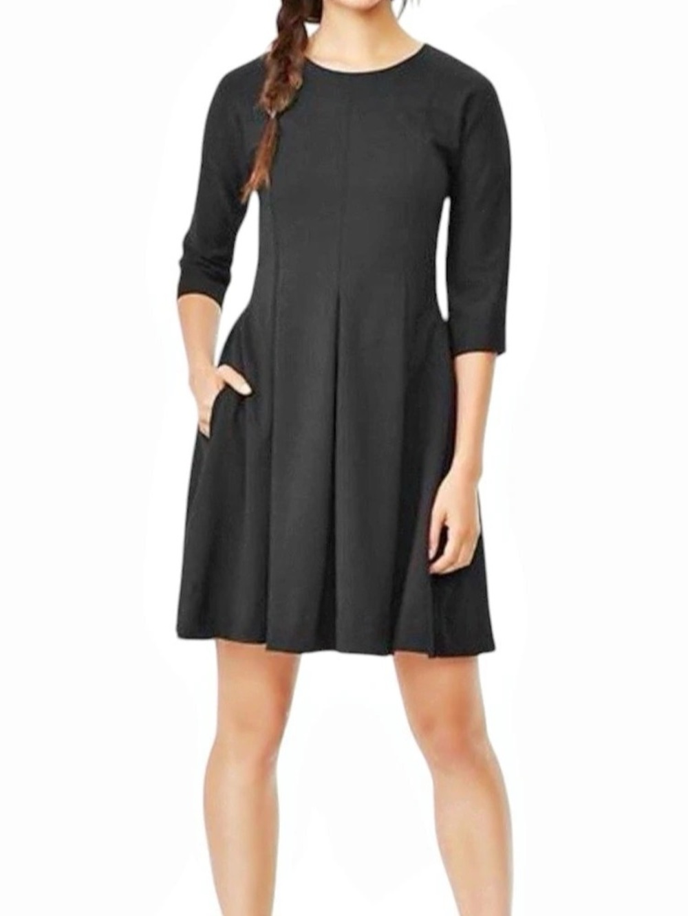 GAP Black Pleated 3/4 Sleeves A Line Back Zip Pocket Mini Dress